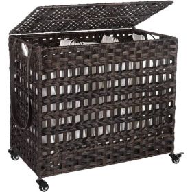 Brown PP Rattan 3-Basket Laundry Hamper Sorter Cart with Removable Cotton Bags