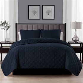 Full Queen 3-Piece Navy Blue Polyester Microfiber Reversible Diamond Quilt Set