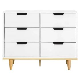 Modern Mid-Century Style 6-Drawer Double Dresser in White Natural Wood Finish