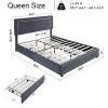 Upholstered Queen Size Platform Bed with LED Lights, Storage Bed with 4 Drawers, Gray color fabric